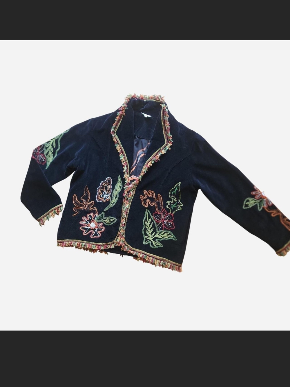 Vandana Black Velvet Embroidered Blazer with Floral Design - Size XL EUC